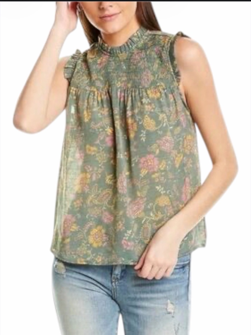 NANETTE LEPORE Floral Paisley Ruffle Flutter Blouse Green Pink Medium Boho